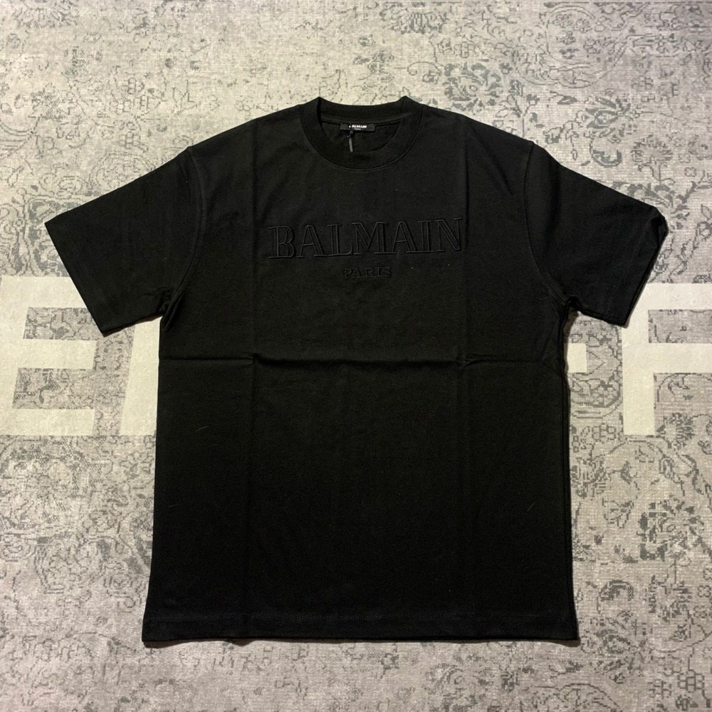 Balmain Paris Embroidered Logo T-Shirt Size M Black Luxury Short Sleeve Tee